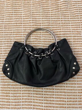 Vintage BULGA Black Ring-Handle Gathered Leather Handbag Y2K